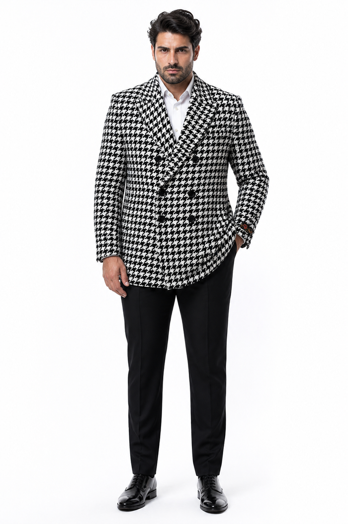 Mens Houndstooth Double-Breasted Wool Peacoat â€“ Black and White Wool  Short Coat Slim Fit