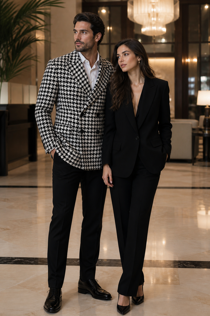 Mens Houndstooth Double-Breasted Wool Peacoat â€“ Black and White Wool  Short Coat Slim Fit