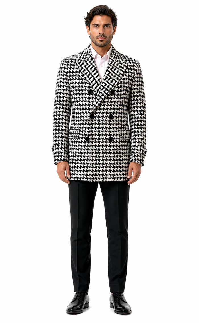 Mens Houndstooth Double-Breasted Wool Peacoat â€“ Black and White Wool  Short Coat Slim Fit