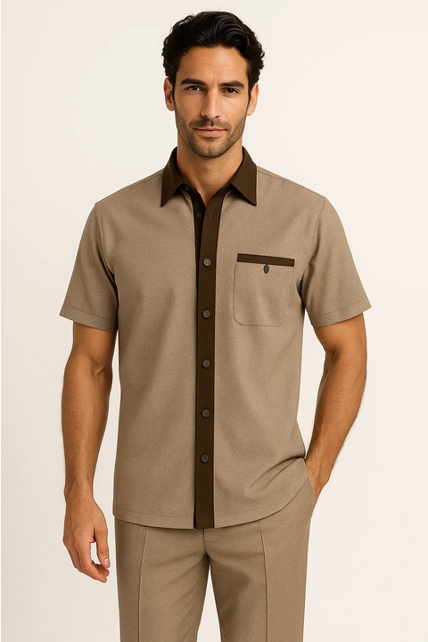 Men's two-piece houndstooth walking suit in brown and tan. Short-sleeve shirt with dark brown collar & pocket, matching pants. Classic houndstooth pattern on both pieces.
