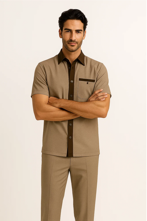 Men's two-piece walking suit: short-sleeve brown tan shirt with dark collar/pocket, and matching fitted pants. Structured, tailored design.
