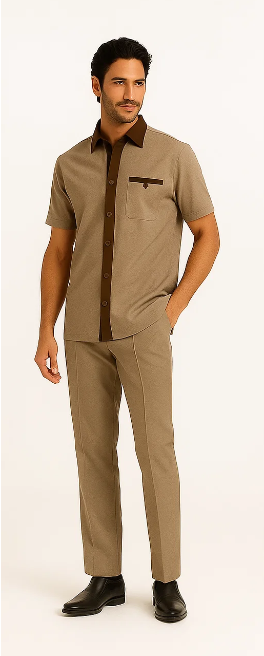 Men's houndstooth walking suit: brown/tan short-sleeve shirt with dark collar & chest pocket, matching slim-fit pants. Lightweight, smooth fabric. Ideal for warm weather.

