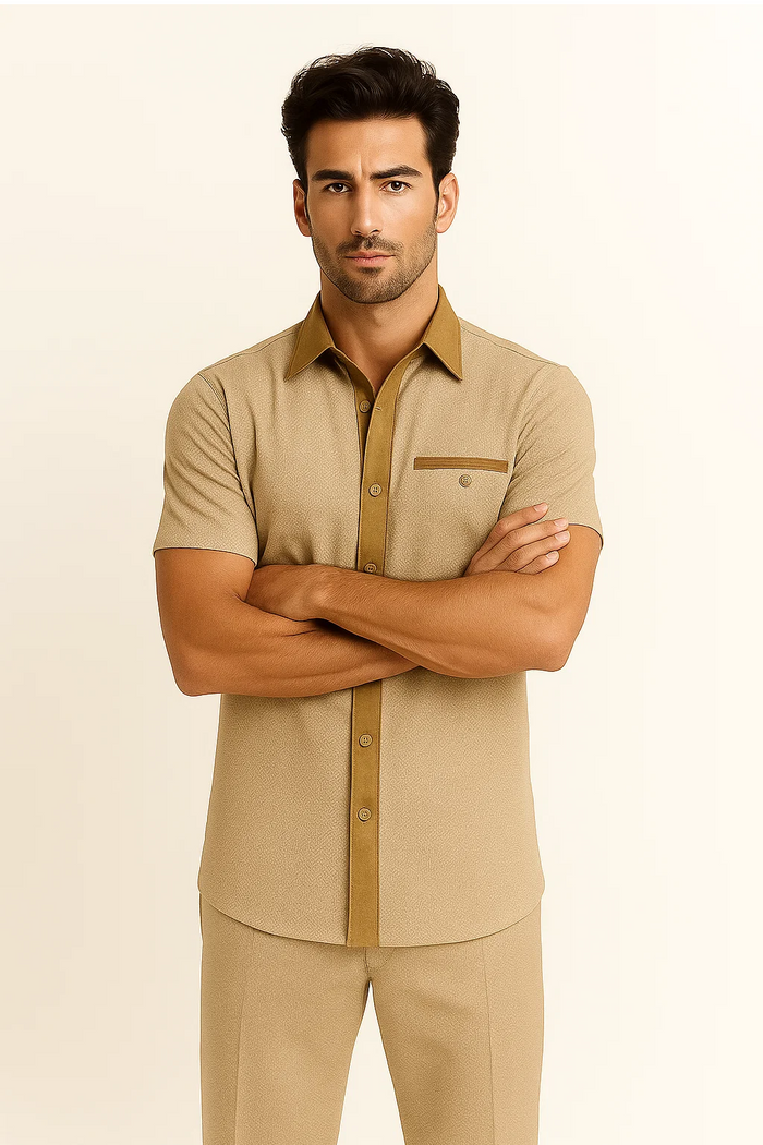 Men's camel houndstooth walking suit. Two-piece set: short-sleeved shirt (standard collar, button-up, breast pocket w/brown trim) & tailored pants. Clean, structured look.
