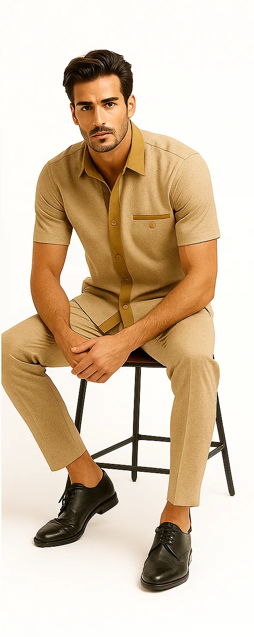Men's camel houndstooth walking suit. Short-sleeve shirt with brown collar & chest pocket, paired with tailored pants. Classic, stylish look.
