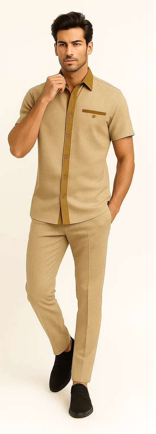 Camel houndstooth walking suit for men: short-sleeve button-up shirt with contrast collar & chest pocket, plus tapered pants. Subtle texture, clean silhouette.
