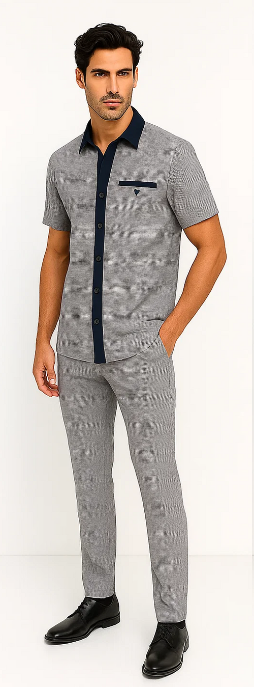 Navy and white houndstooth walking suit for men. Includes a short-sleeve button-up shirt with navy collar and pocket, plus slim-fit pants.
