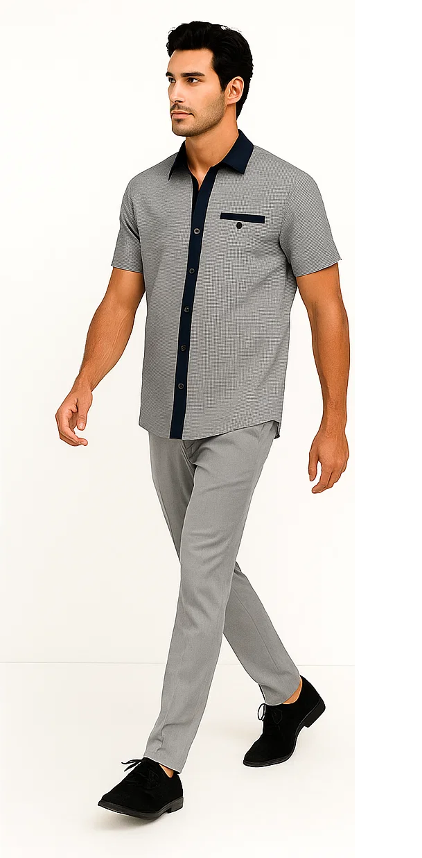 Men's houndstooth walking suit: Navy and white houndstooth short-sleeved shirt with navy collar & pocket. Paired with light grey, straight-leg trousers.
