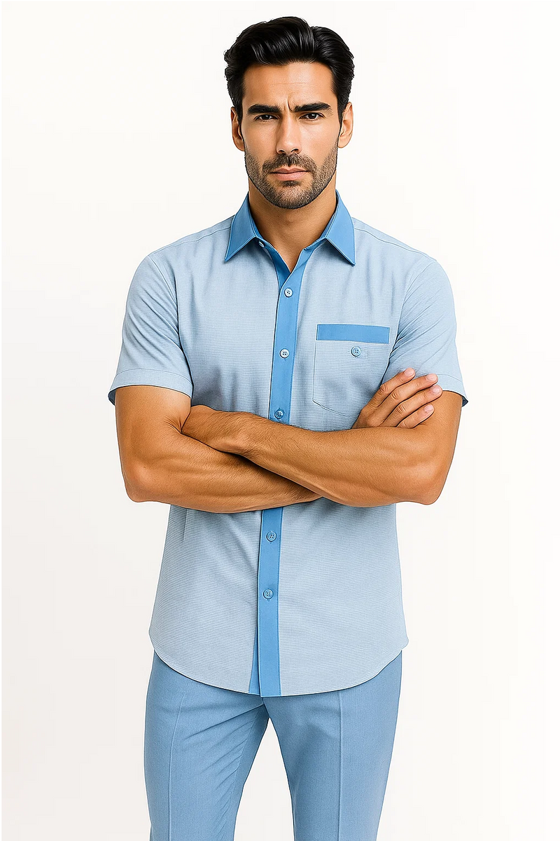 Men's sky blue houndstooth walking suit. Two-piece set with a short-sleeved, button-up shirt (patch pocket, contrasting accents) and tailored pants. Houndstooth pattern in blue hues.
