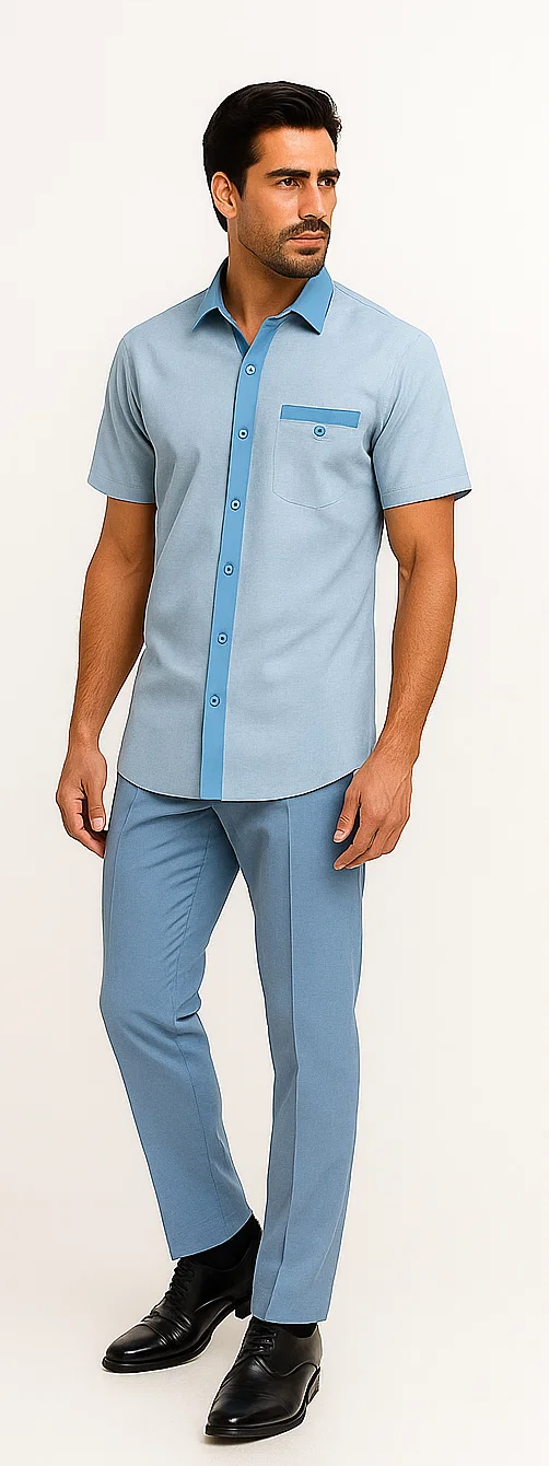 Sky blue men's houndstooth walking suit: short-sleeve shirt with dark collar/pocket, and tailored trousers. Slim fit, light blue color throughout.
