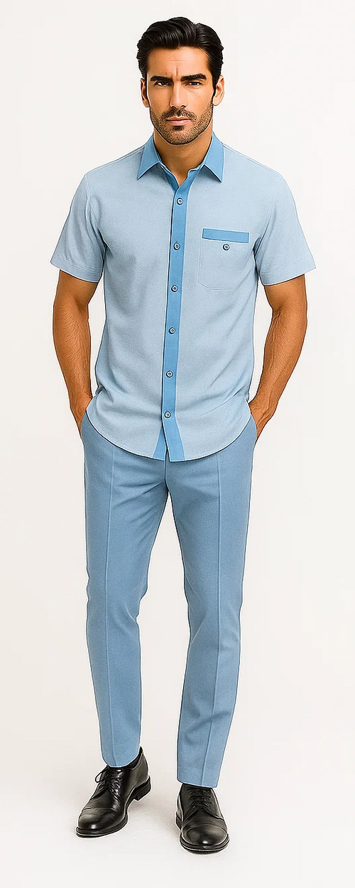 Sky blue men's walking suit: short-sleeve button-up with contrasting collar/pocket & slim-fit pants. Smooth, lightweight fabric. Clean, tailored silhouette.
