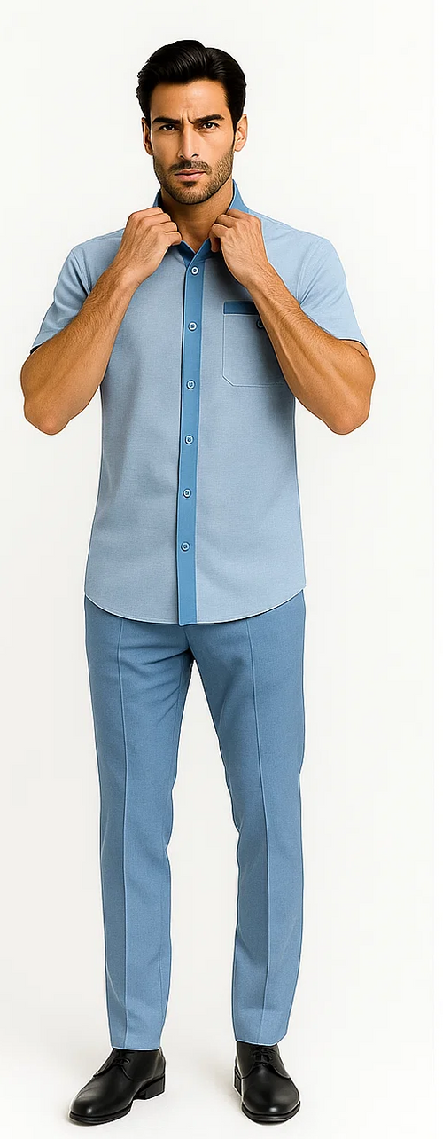 Men's houndstooth walking suit in light sky blue. Includes short-sleeved shirt & tailored pants. Shirt has darker blue trim. Pants feature clean silhouette with vertical seams.
