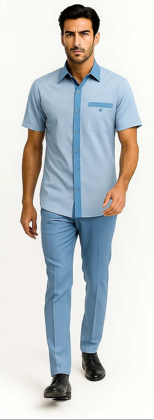Men's houndstooth walking suit: sky blue short-sleeved shirt with contrast collar & chest pocket, plus matching striped tailored pants.
