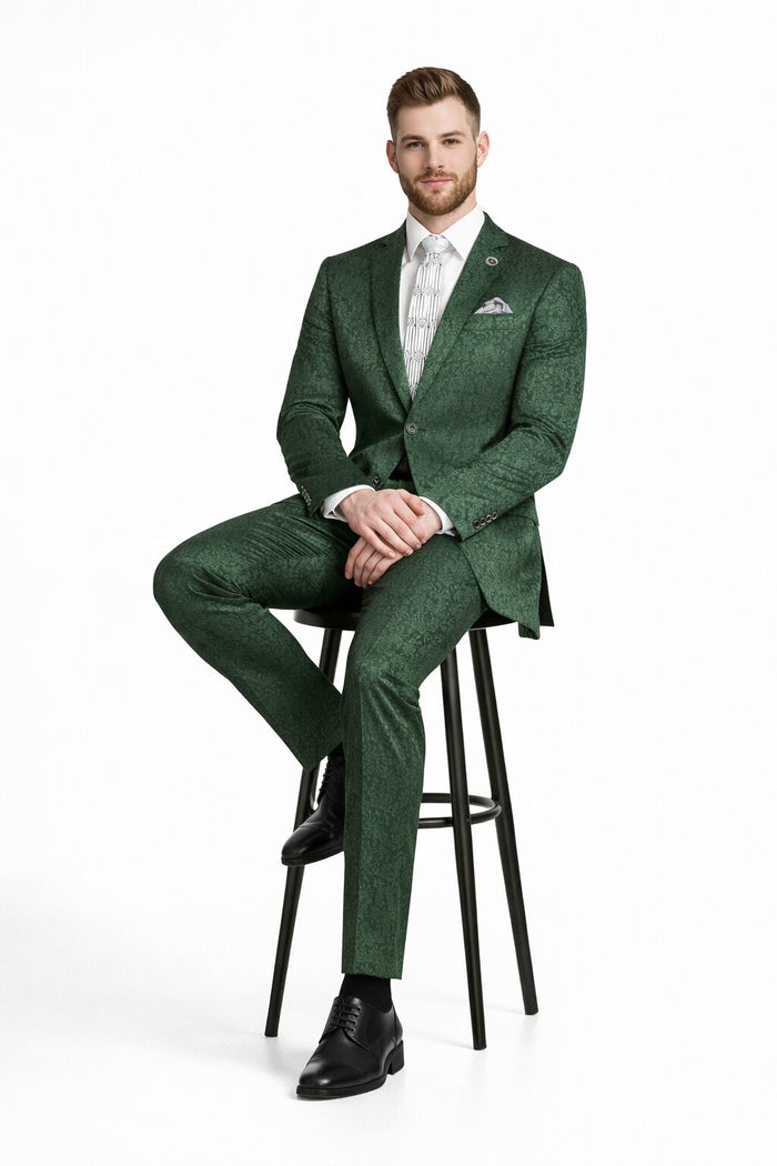 Mens Paisley Prom Suit in Hunter Green – Slim Fit Formal Party Outfit