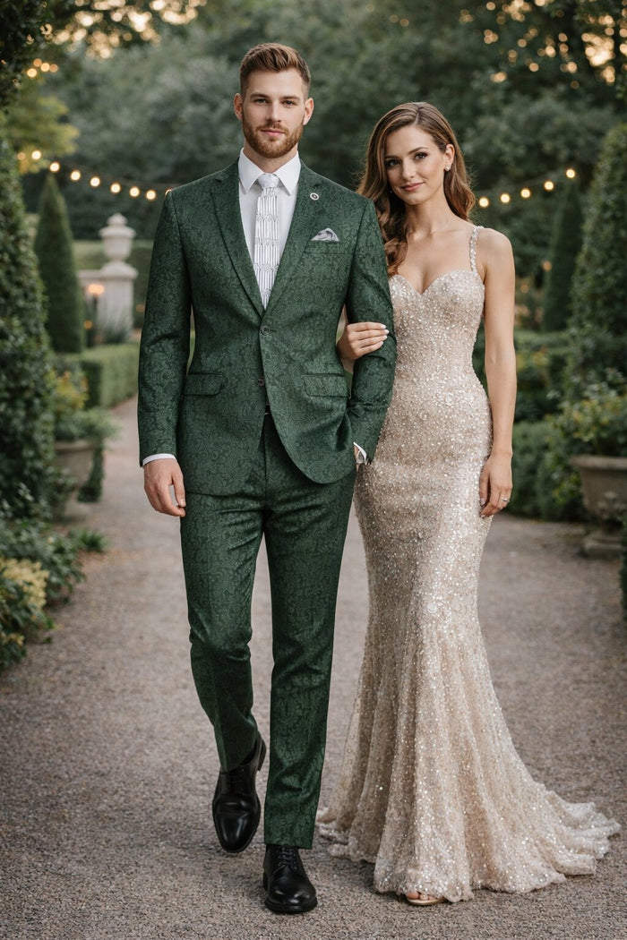 Mens Paisley Prom Suit in Hunter Green – Slim Fit Formal Party Outfit