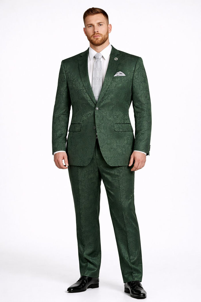 Mens Paisley Prom Suit in Hunter Green – Slim Fit Formal Party Outfit