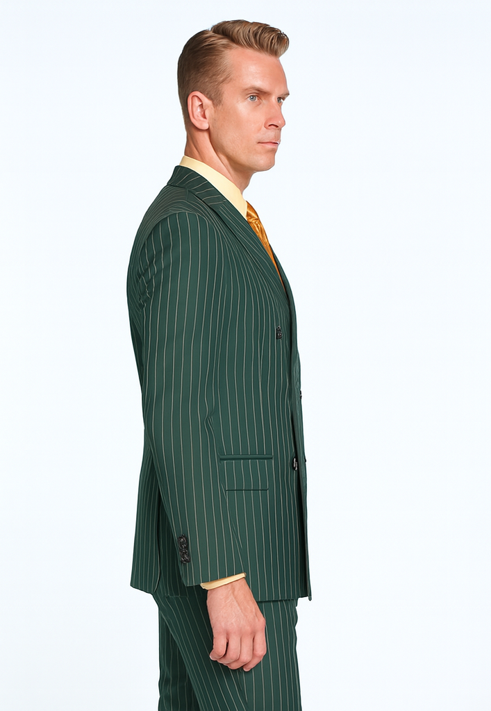 Mens Hunter Green Pinstripe Double-Breasted Suit – Bold 6-Button Vintage Gangster Style 1920s Look