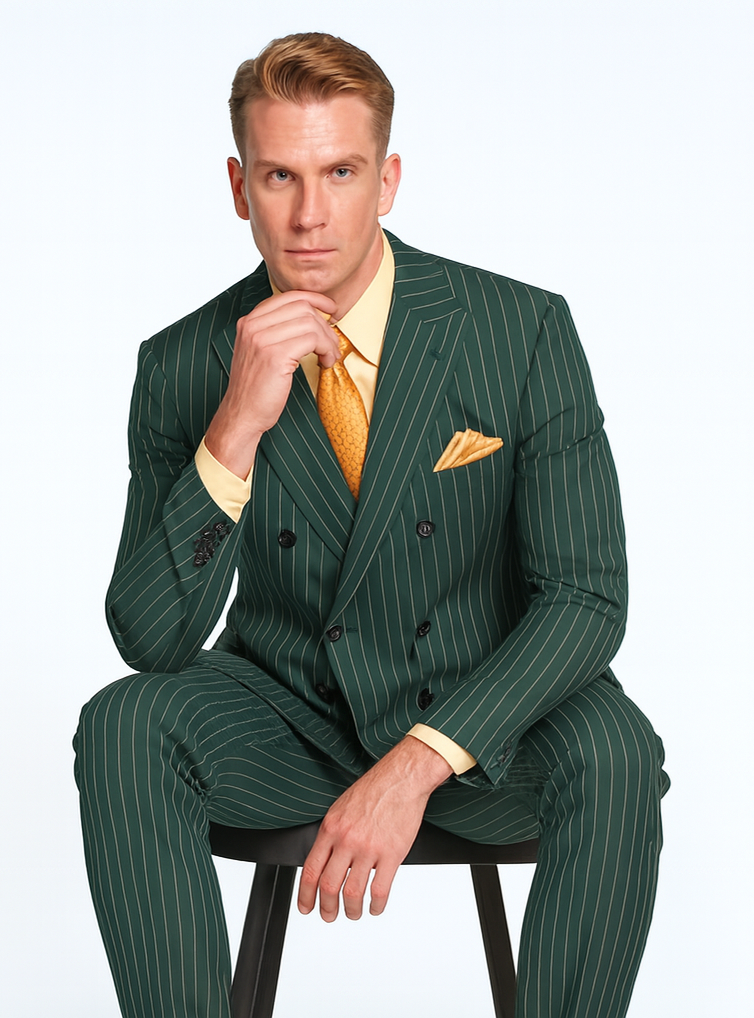 Mens Hunter Green Pinstripe Double-Breasted Suit Bold 6-Button Vintage Gangster Style 1920s Look