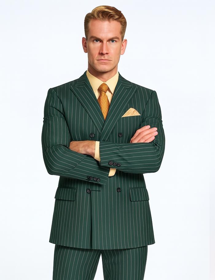 Mens Hunter Green Pinstripe Double-Breasted Suit Bold 6-Button Vintage Gangster Style 1920s Look