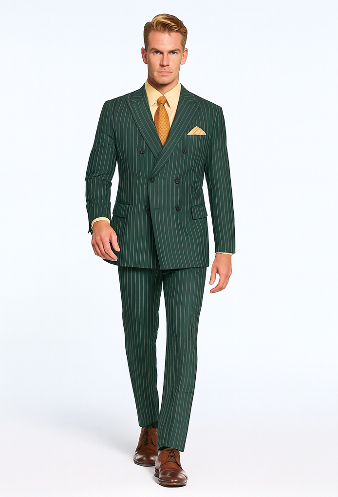 Mens Hunter Green Pinstripe Double-Breasted Suit Bold 6-Button Vintage Gangster Style 1920s Look