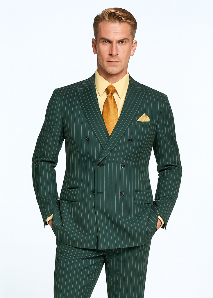 Mens Hunter Green Pinstripe Double-Breasted Suit Bold 6-Button Vintage Gangster Style 1920s Look