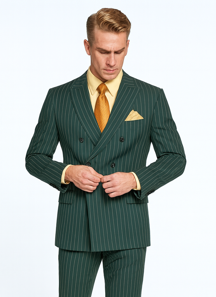 Mens Hunter Green Pinstripe Double-Breasted Suit Bold 6-Button Vintage Gangster Style 1920s Look