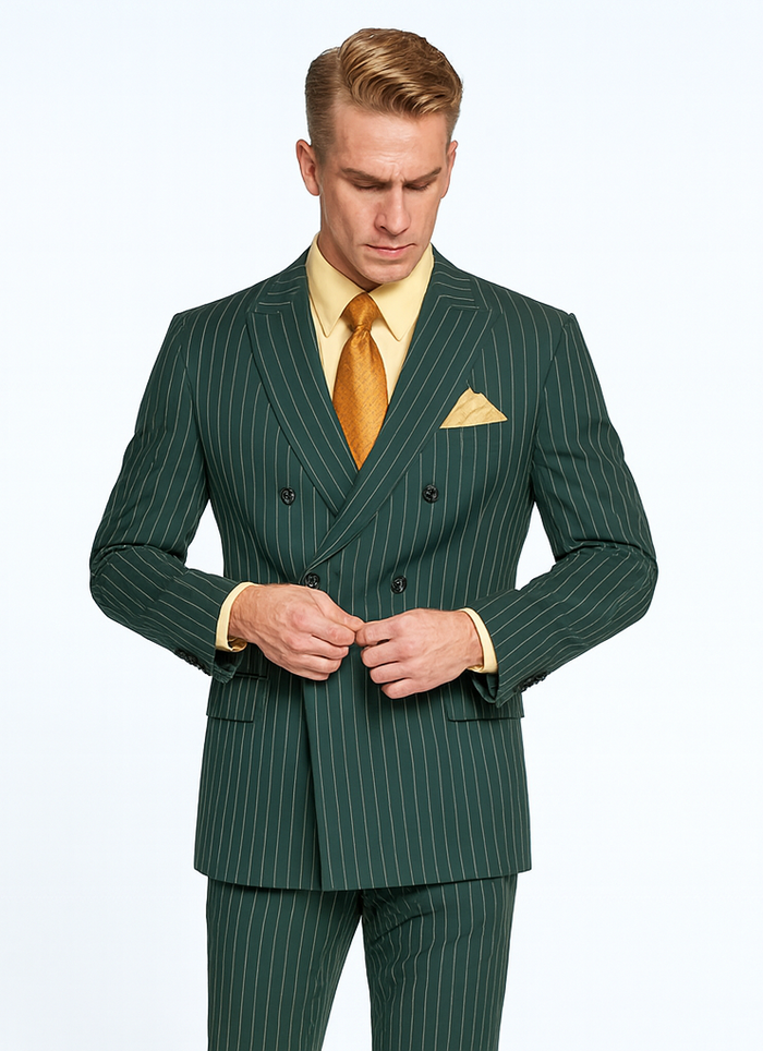 Mens Hunter Green Pinstripe Double-Breasted Suit Bold 6-Button Vintage Gangster Style 1920s Look
