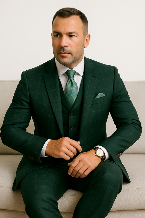 Hunter Green Plaid Suit - Windowpane Pattern Modernt Fit in Dark Green With Vest