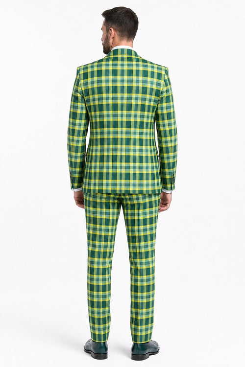 Men's Designer One Button Peak Lapel Italian Wool Suit with Double Breasted Vest in Hunter Green Plaid