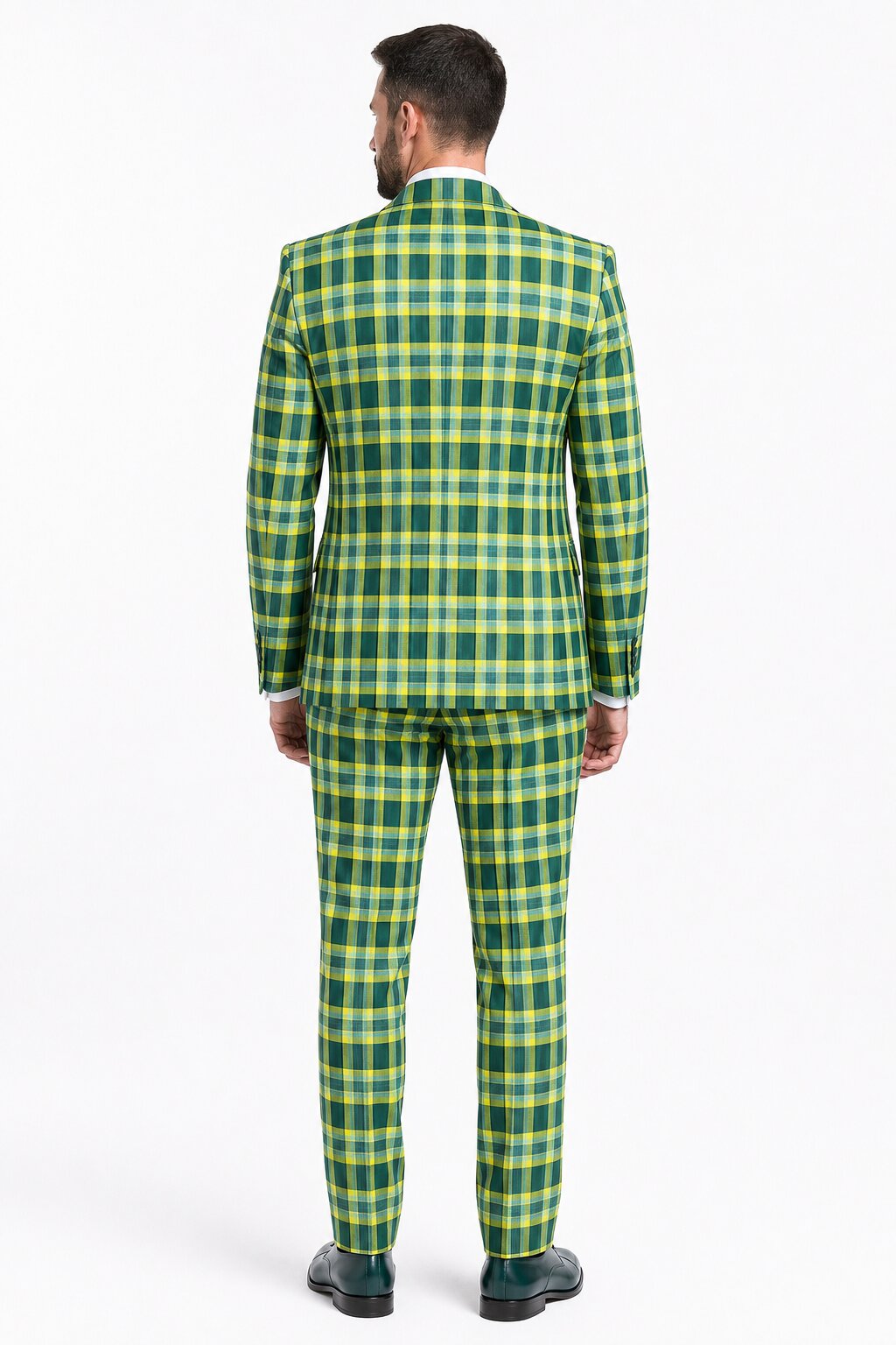 Men's Designer One Button Peak Lapel Italian Wool Suit with Double Breasted Vest in Hunter Green Plaid