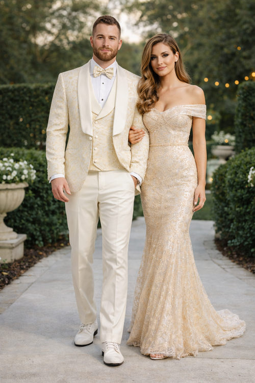 Men's Designer Vested Wedding & Prom Tuxedo in Ivory Off White & Gold Floral Paisley