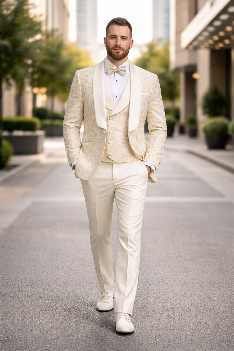 Men's Designer Vested Wedding & Prom Tuxedo in Ivory Off White & Gold Floral Paisley