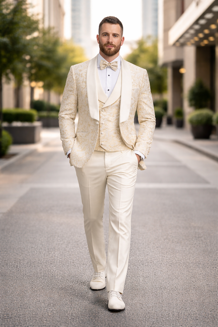 Men's Designer Vested Wedding & Prom Tuxedo in Ivory Off White & Gold Floral Paisley