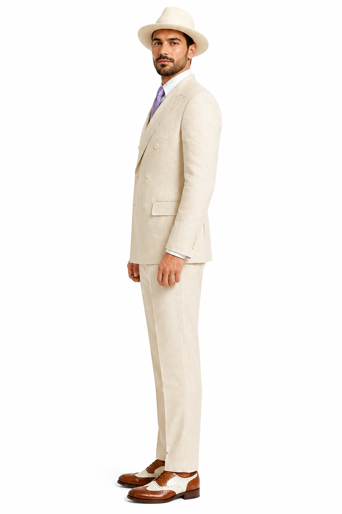 Mens Ivory Off White Double Breasted AI Capone Suit – Classic 1920s Vintage Gangster Style Formal Suit