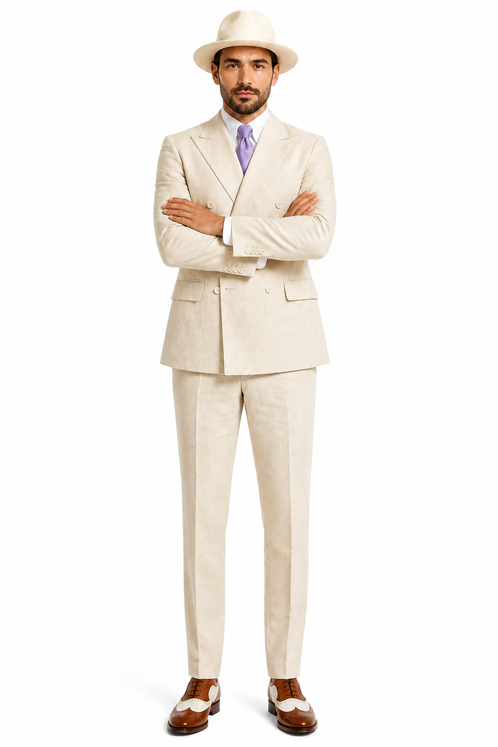 Mens Ivory Off White Double Breasted AI Capone Suit – Classic 1920s Vintage Gangster Style Formal Suit