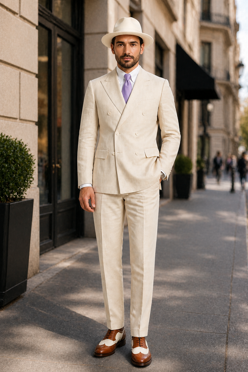 Mens Ivory Off White Double Breasted AI Capone Suit – Classic 1920s Vintage Gangster Style Formal Suit