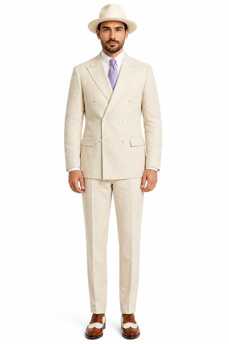 Mens Ivory Off White Double Breasted AI Capone Suit – Classic 1920s Vintage Gangster Style Formal Suit