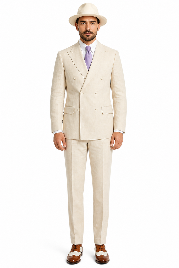 Mens Ivory Off White Double Breasted AI Capone Suit – Classic 1920s Vintage Gangster Style Formal Suit