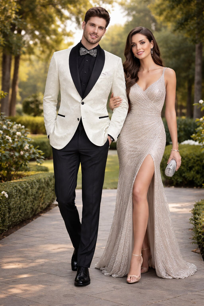 Mens Blazer - Paisley Sport Coat - Ivory Prom 2026 Tuxedo Dinner Jacket Blazer