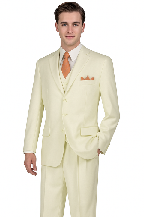 "Classic Fit Men's Three-Button Ivory Suit with Vest and Pleated Pants"