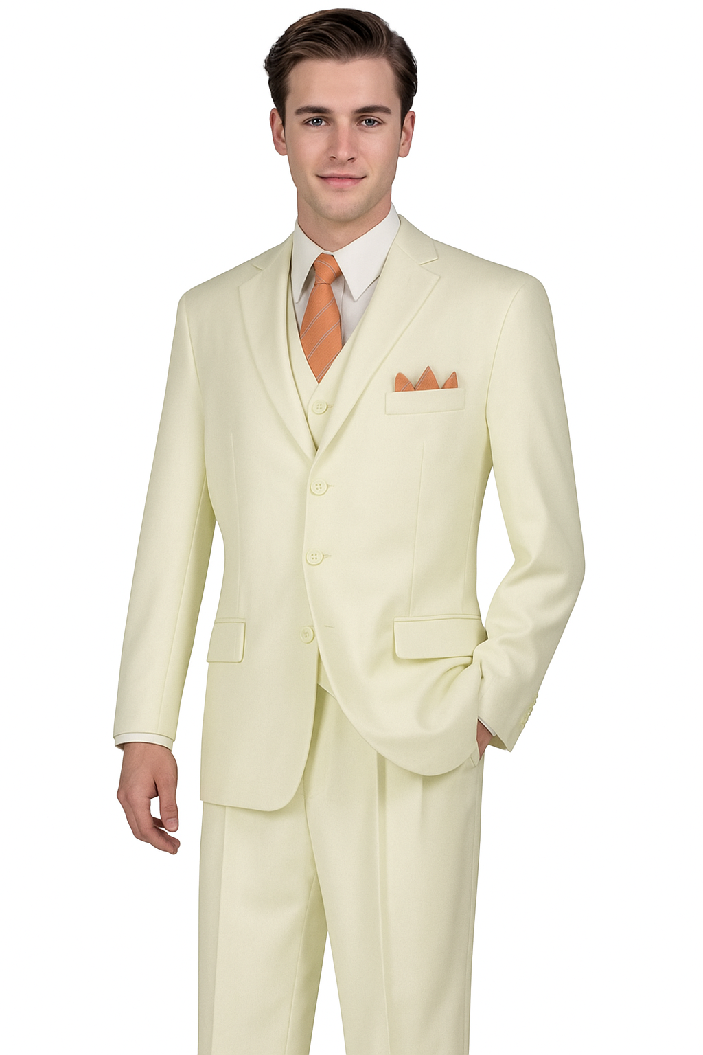 "Classic Fit Men's Three-Button Ivory Suit with Vest and Pleated Pants"