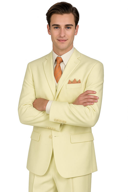 "Classic Fit Men's Three-Button Ivory Suit with Vest and Pleated Pants"
