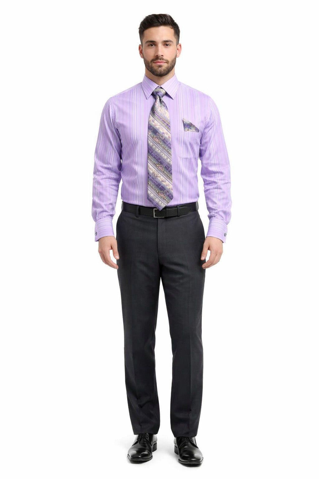 Lavender Men's French Cuff Dress Shirt Set with Tonal Stripe, Tie & Hanky