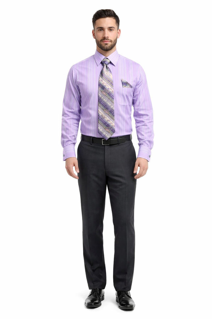 Lavender Men's French Cuff Dress Shirt Set with Tonal Stripe, Tie & Hanky
