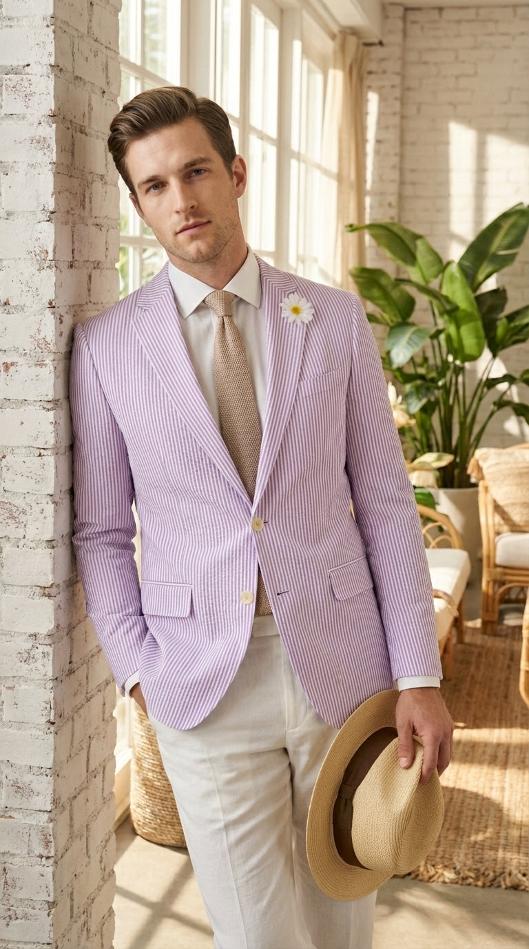 Mens Lavender Seersucker Blazer – Lightweight Striped Summer Sport Coat Casual Smart Formal Jacket