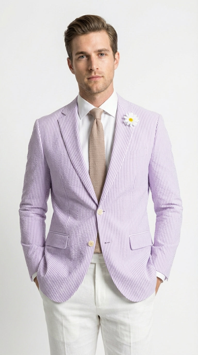 Mens Lavender Seersucker Blazer – Lightweight Striped Summer Sport Coat Casual Smart Formal Jacket