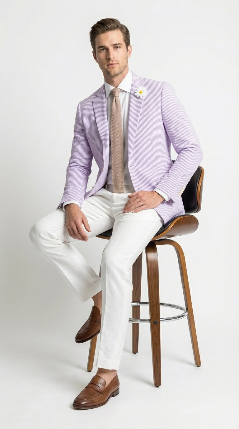 Mens Lavender Seersucker Blazer – Lightweight Striped Summer Sport Coat Casual Smart Formal Jacket