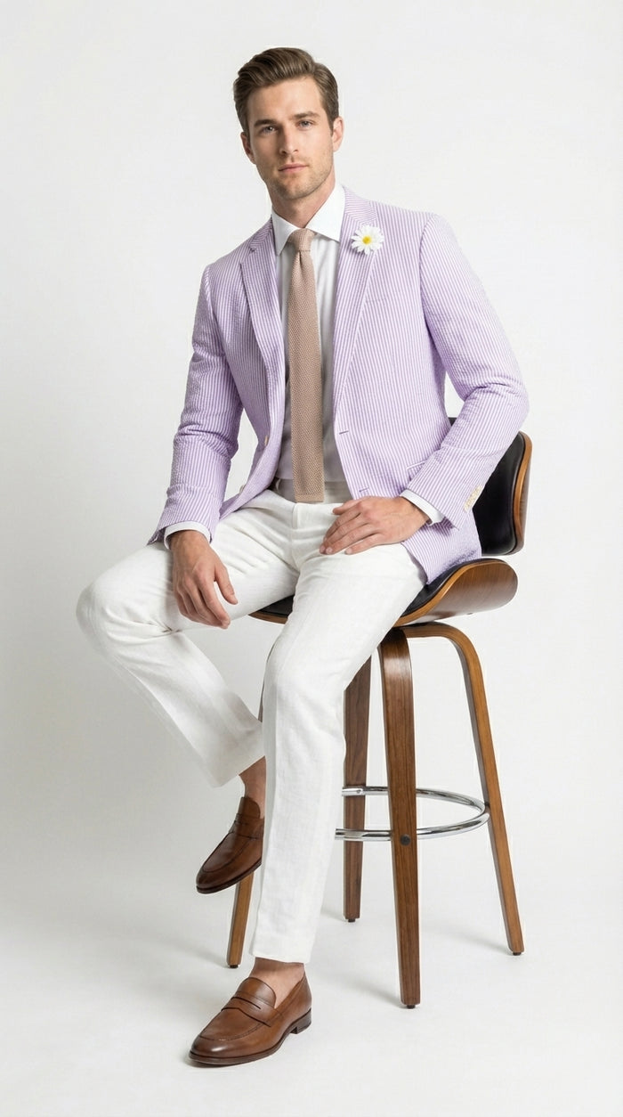 Mens Lavender Seersucker Blazer – Lightweight Striped Summer Sport Coat Casual Smart Formal Jacket