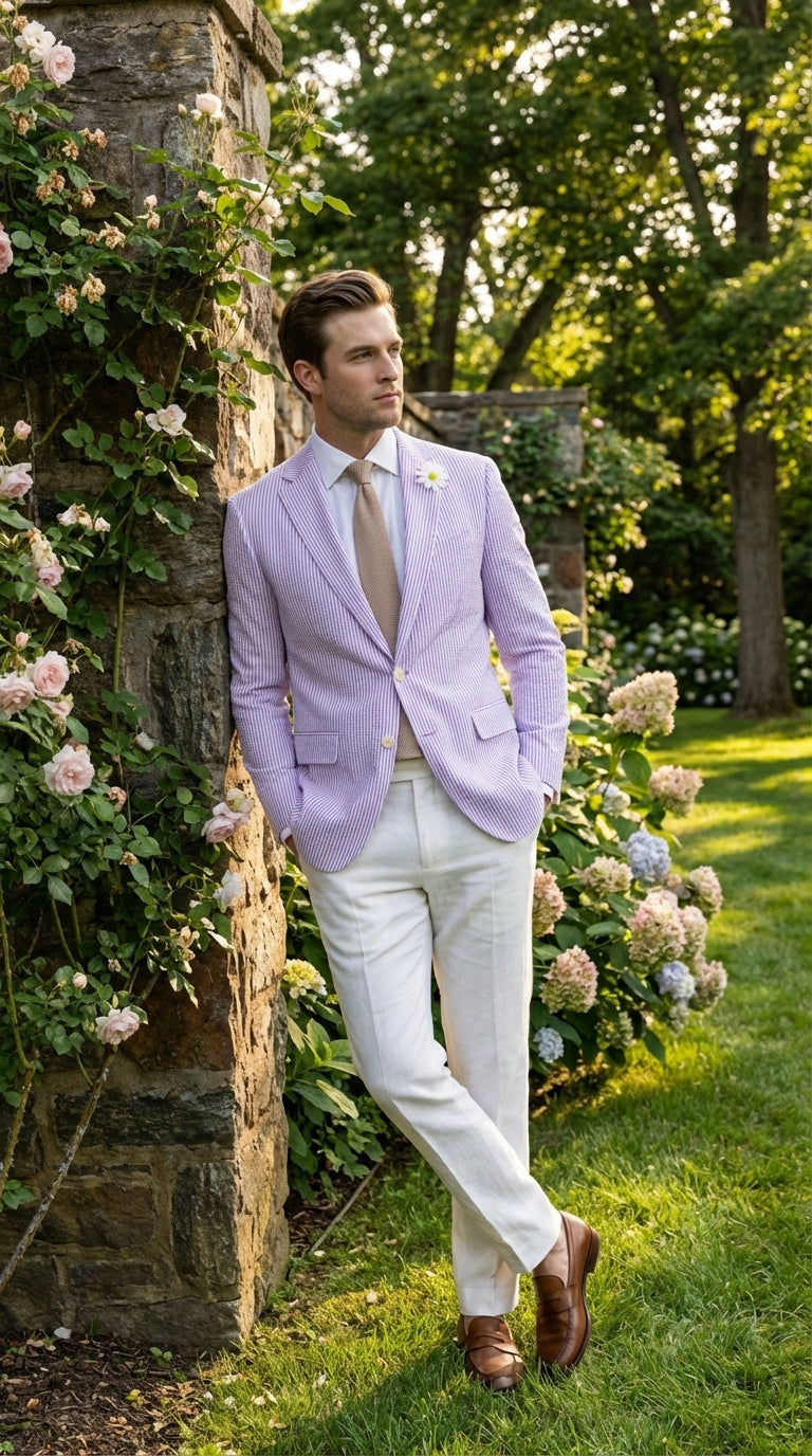 Mens Lavender Seersucker Blazer – Lightweight Striped Summer Sport Coat Casual Smart Formal Jacket