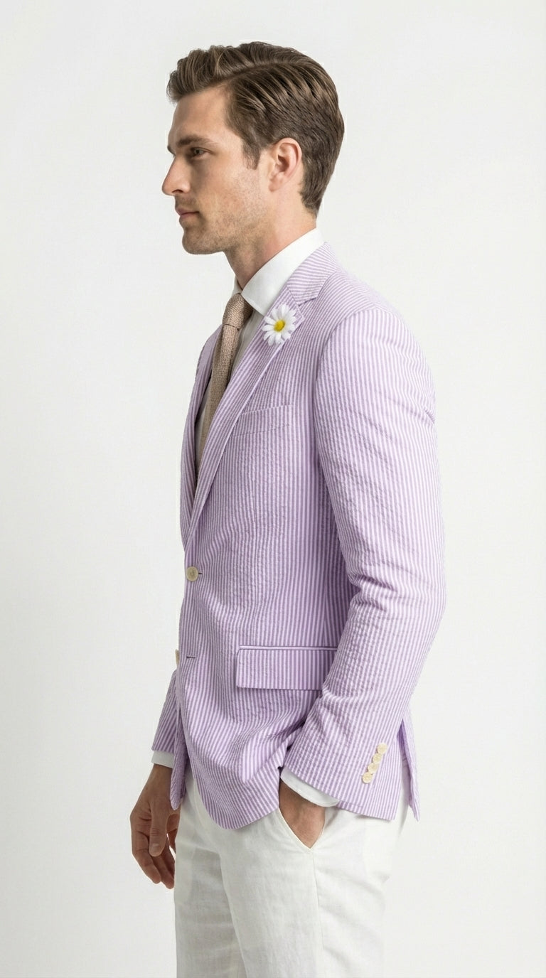 Mens Lavender Seersucker Blazer – Lightweight Striped Summer Sport Coat Casual Smart Formal Jacket