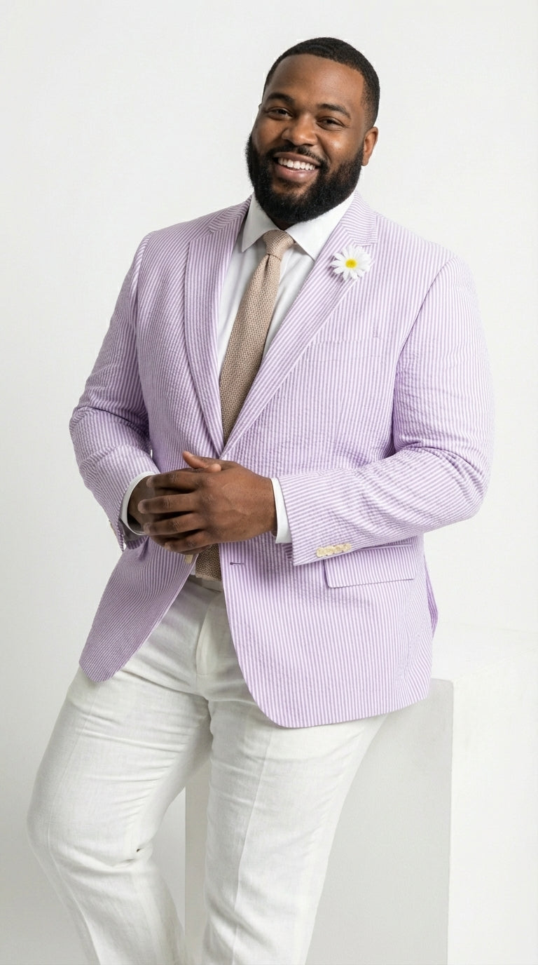 Mens Lavender Seersucker Blazer – Lightweight Striped Summer Sport Coat Casual Smart Formal Jacket